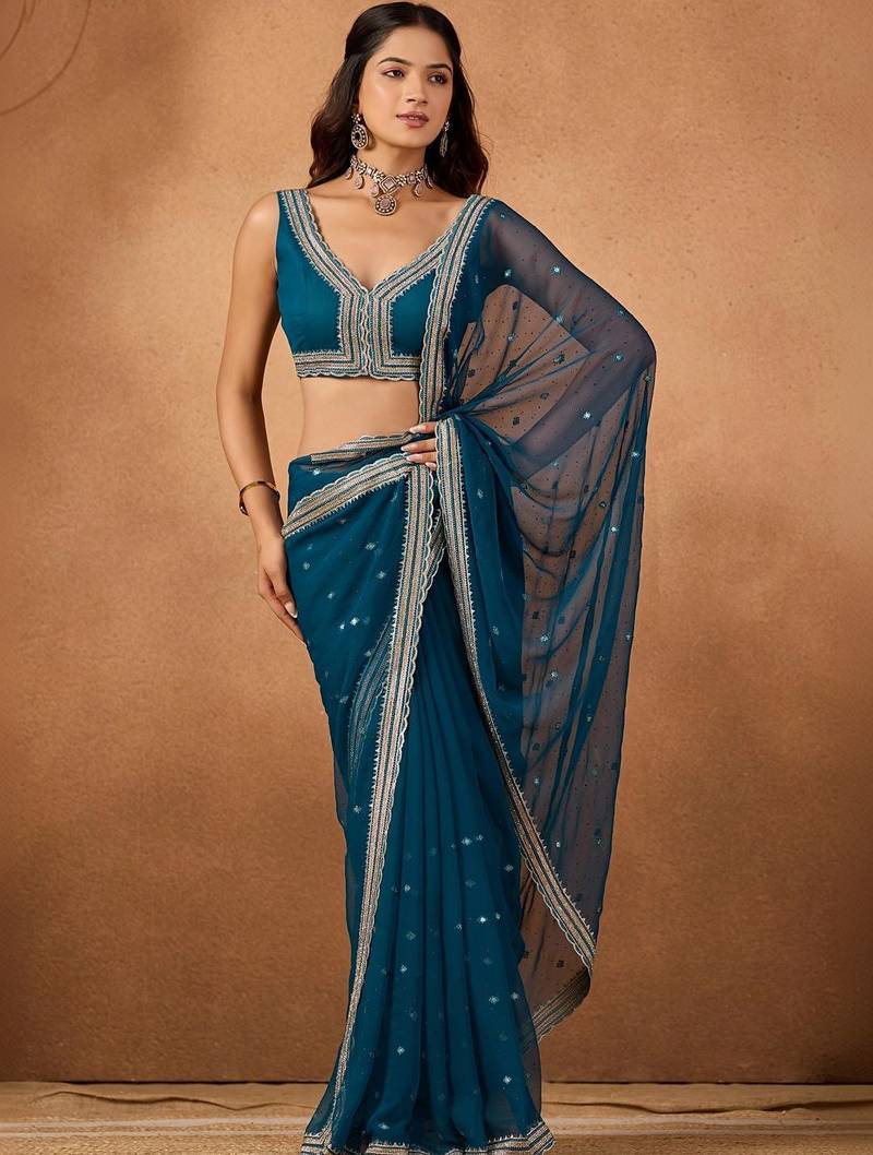 Blue floral embroidered  chiffon saree