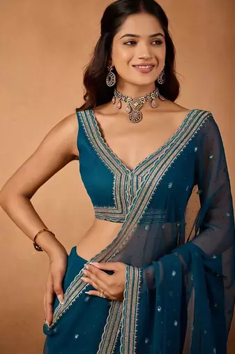 Blue floral embroidered  chiffon saree