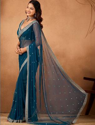 Blue floral embroidered  chiffon saree 3