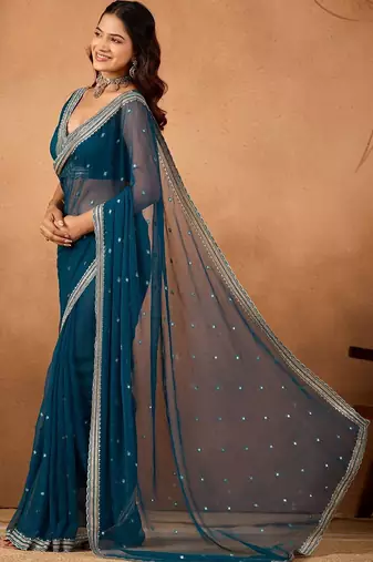 Blue floral embroidered  chiffon saree