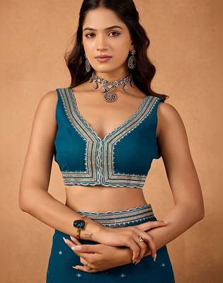Blue floral embroidered  chiffon saree 4