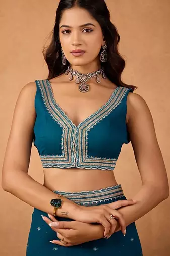 Blue floral embroidered  chiffon saree