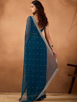Blue floral embroidered  chiffon saree 5
