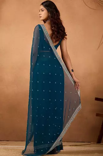 Blue floral embroidered  chiffon saree