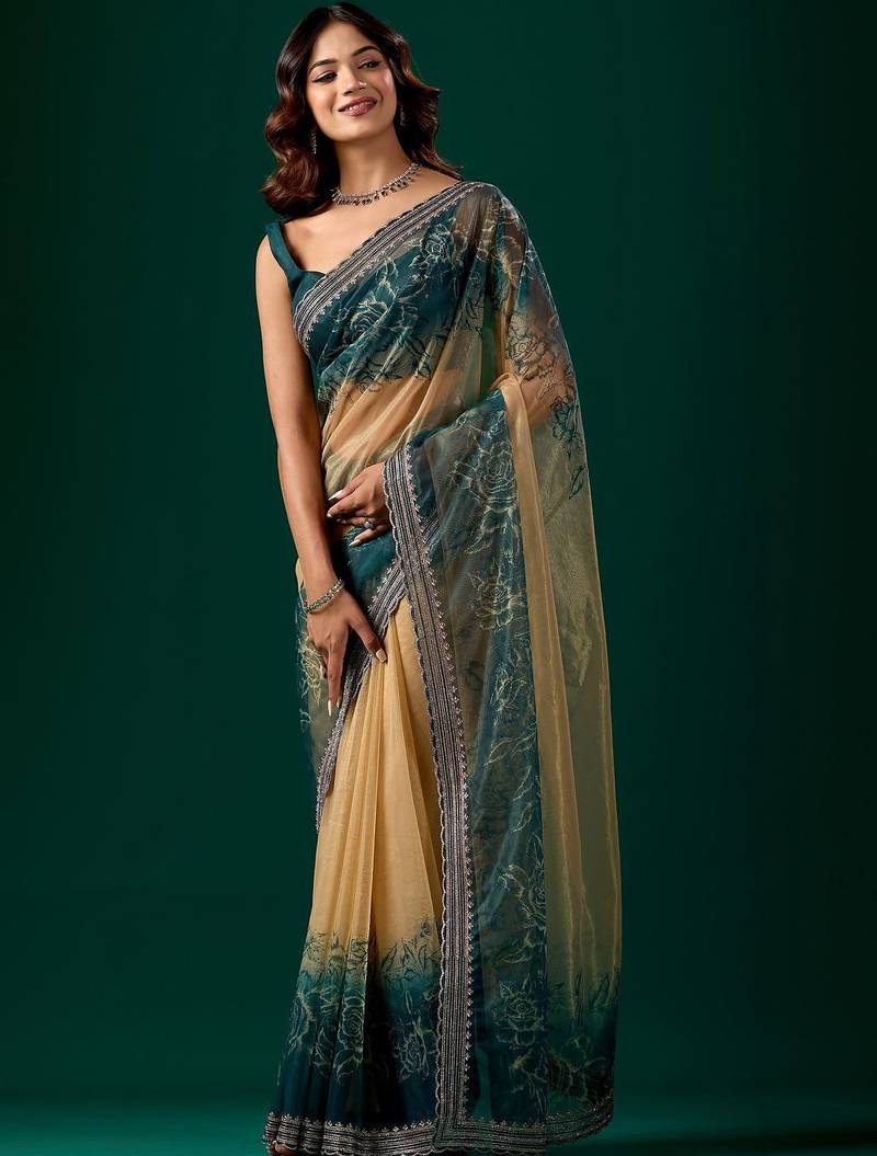 Multicolor floral embroidered tissue saree