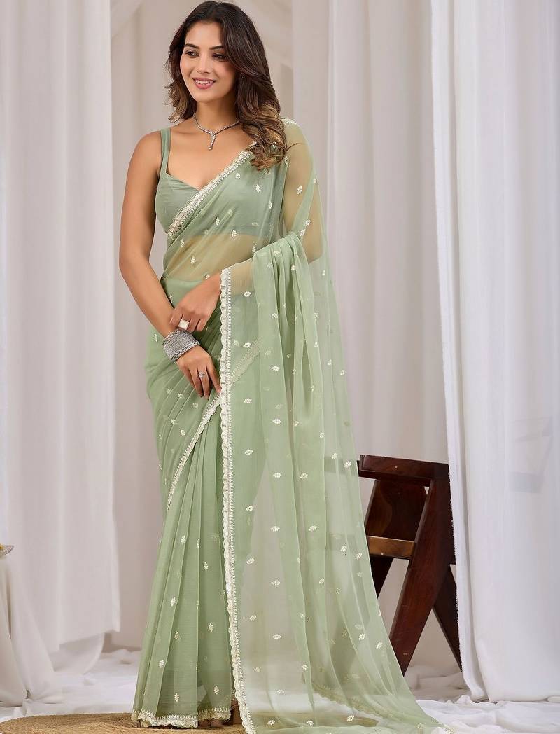 Magenta ethnic motifs embroidered  chiffon saree