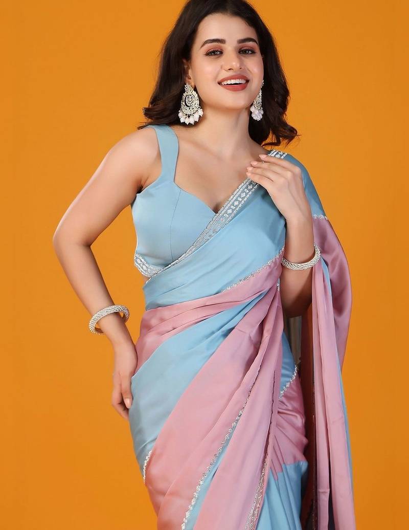 Multicolor embellishment beads & stones satin saree