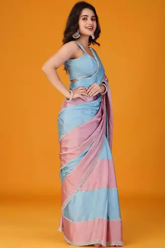Multicolor embellishment beads & stones satin saree