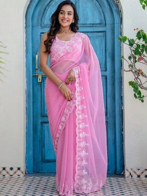 Pink floral embroidered poly chiffon saree 1