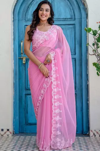 Pink floral embroidered poly chiffon saree