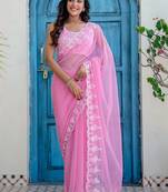 Pink floral embroidered poly chiffon saree