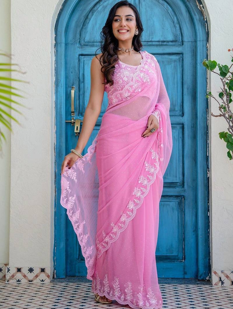 Pink floral embroidered poly chiffon saree