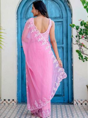 Pink floral embroidered poly chiffon saree 5