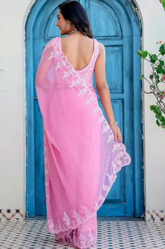 Pink floral embroidered poly chiffon saree