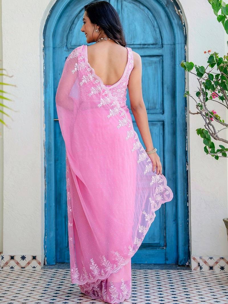 Pink floral embroidered poly chiffon saree