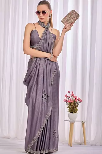 Lavender woven design beads and stones saree