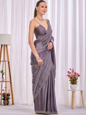 Lavender woven design beads and stones saree 3