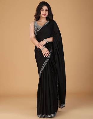 Black stonework embellished beads border satin saree with unstitched blouse 1