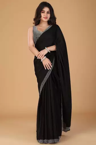 Black stonework embellished beads border satin saree with unstitched blouse