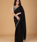 Black stonework embellished beads border satin saree with unstitched blouse