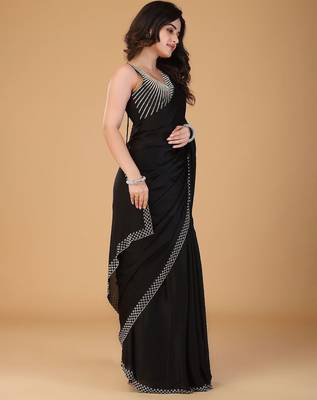 Black stonework embellished beads border satin saree with unstitched blouse 2