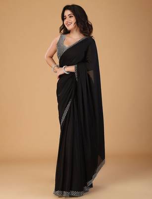 Black stonework embellished beads border satin saree with unstitched blouse 3