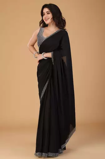 Black stonework embellished beads border satin saree with unstitched blouse