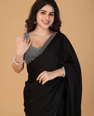 Black stonework embellished beads border satin saree with unstitched blouse 4