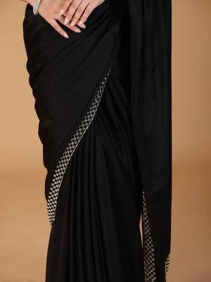 Black stonework embellished beads border satin saree with unstitched blouse 5