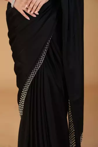 Black stonework embellished beads border satin saree with unstitched blouse