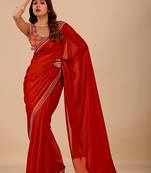 Red embellished embroidered organza heavy work saree
