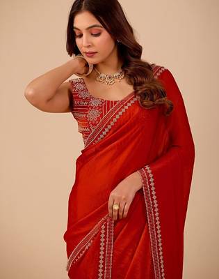 Red embellished embroidered organza heavy work saree 2