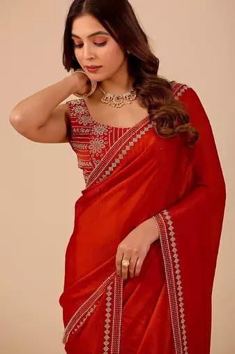 Red embellished embroidered organza heavy work saree