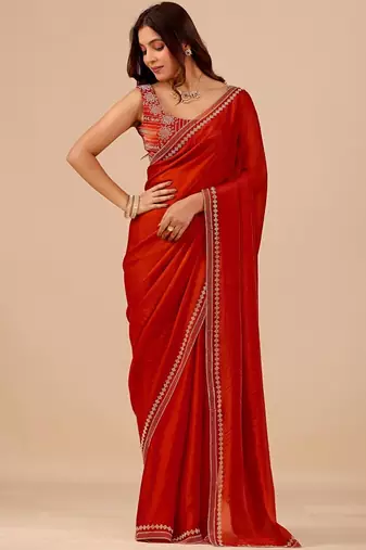 Red embellished embroidered organza heavy work saree