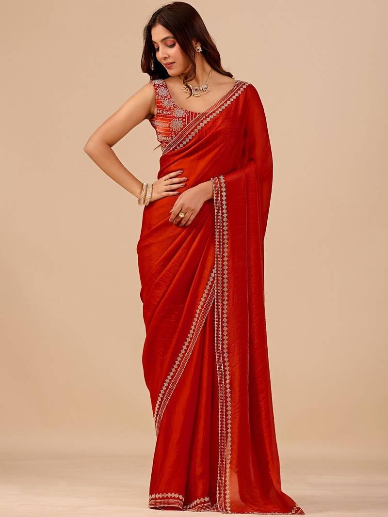 Red embellished embroidered organza heavy work saree
