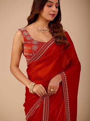 Red embellished embroidered organza heavy work saree 4