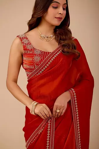 Red embellished embroidered organza heavy work saree