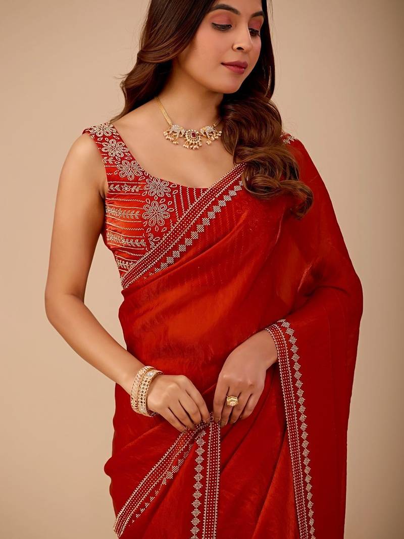 Red embellished embroidered organza heavy work saree