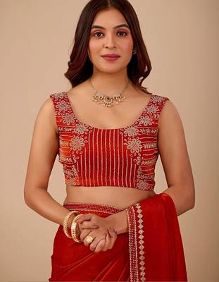 Red embellished embroidered organza heavy work saree 5