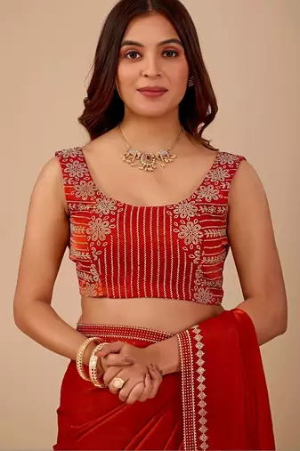 Red embellished embroidered organza heavy work saree