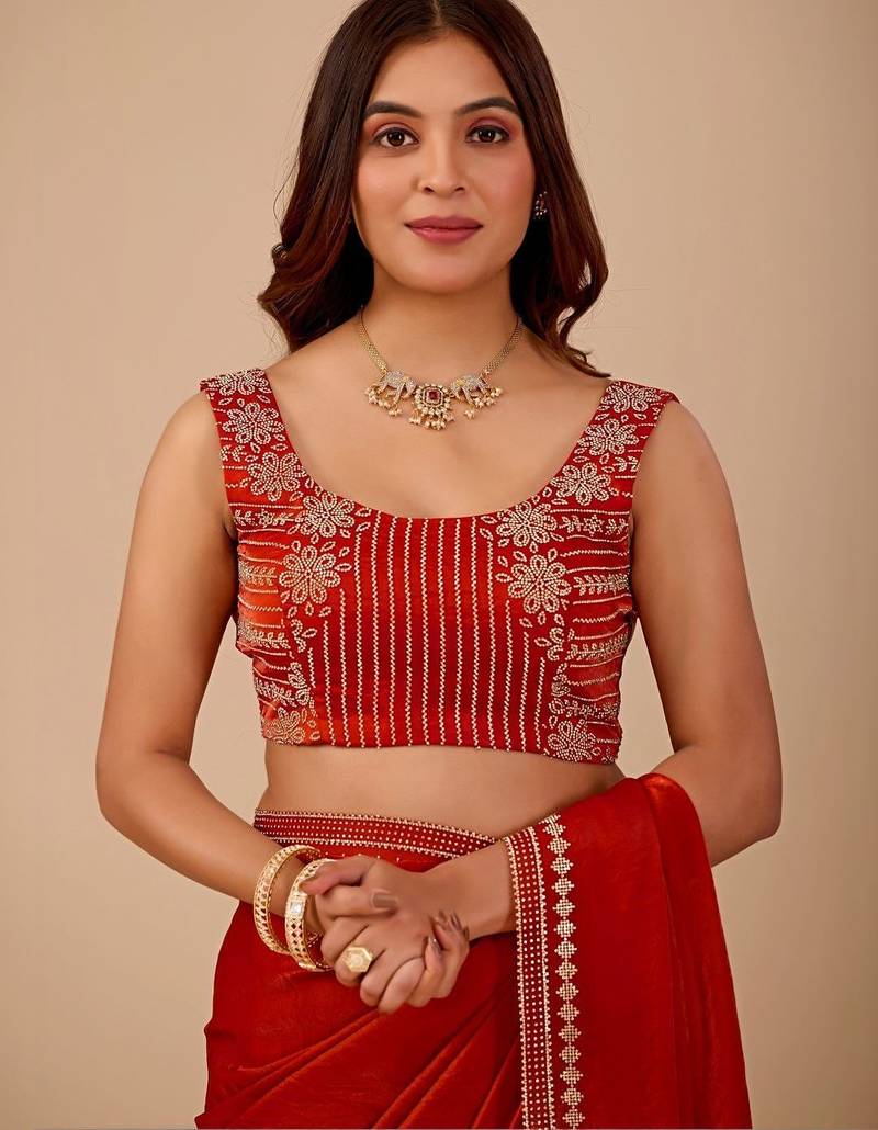 Red embellished embroidered organza heavy work saree