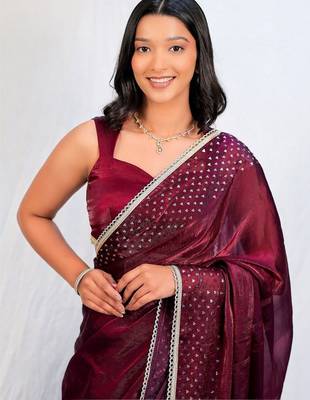 Maroon embellished sequinned tissue saree 1