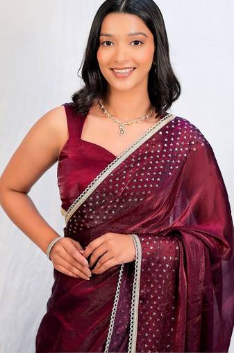 Maroon embellished sequinned tissue saree