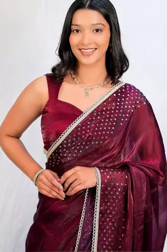 Maroon embellished sequinned tissue saree