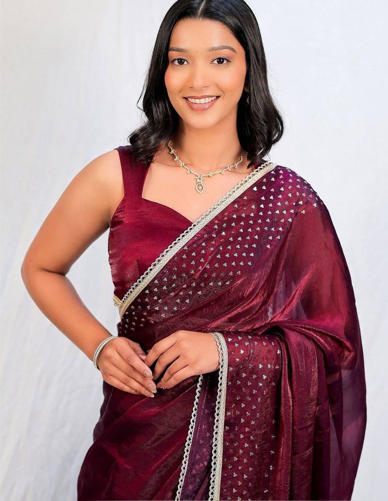 Maroon embellished sequinned tissue saree