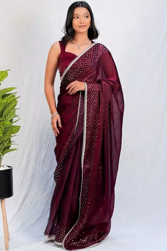 Maroon embellished sequinned tissue saree
