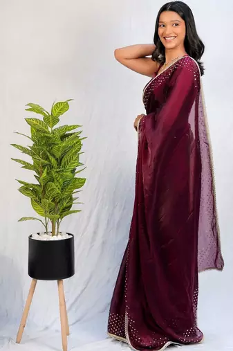 Maroon embellished sequinned tissue saree