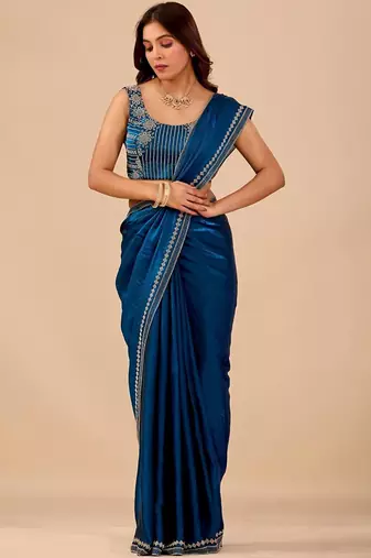 Blue embellished embroidered organza heavy work saree
