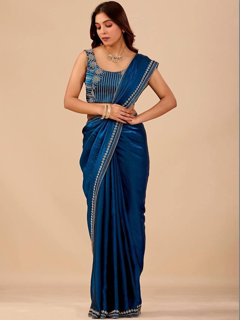 Blue embellished embroidered organza heavy work saree