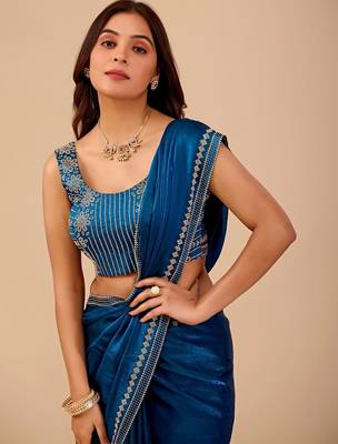 Blue embellished embroidered organza heavy work saree 2